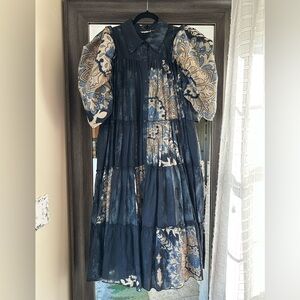 Let Me Be Puff-sleeve Patchwork Cotton Midi Shirt Dress In Multicolor